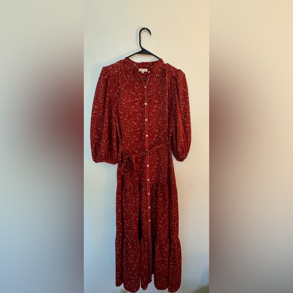 Max Studio Red Buttoned Midi Dress with Bishop Sleeves